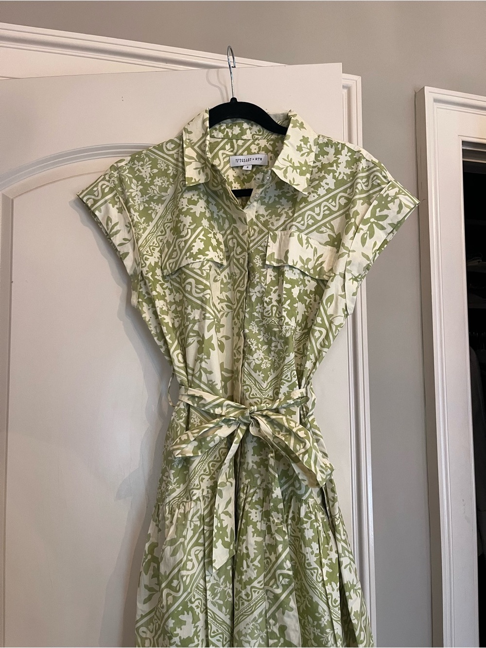 Derek Lam Tie-Waist Shirt Midi Dress in Sage and Cream